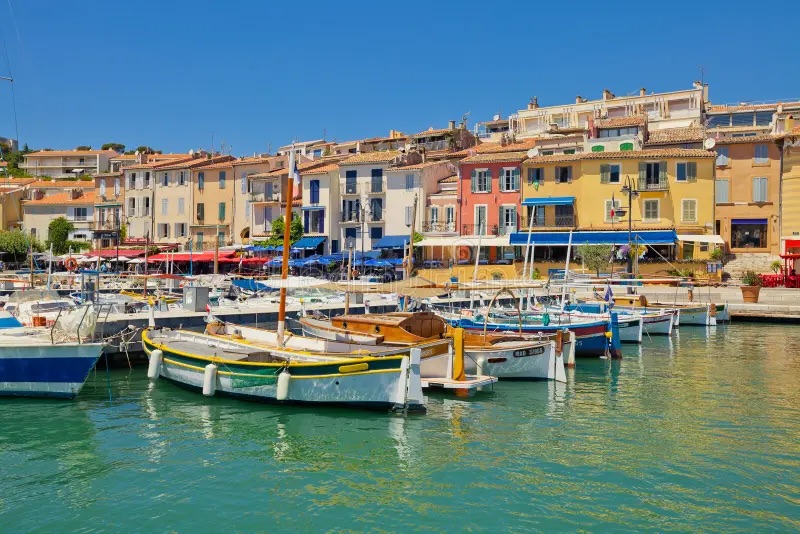 Cassis harbor view with boats and seaside restaurants