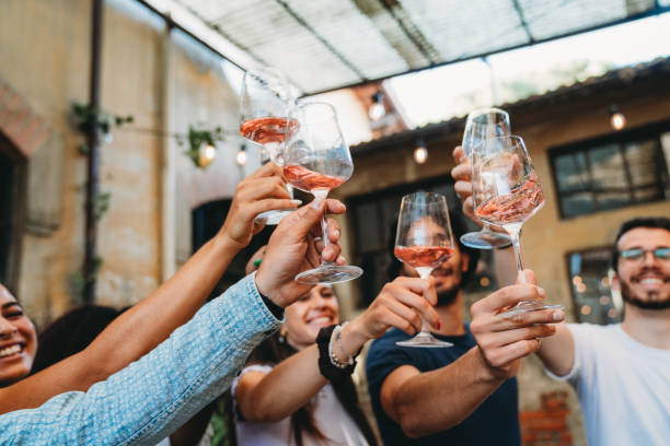 Friends are having a celebratory toast together during a party. They are having fun together