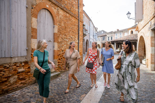 Group of girlfriends visiting Provence, making happy memories
